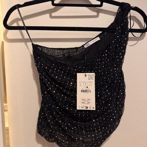 Zara Sparkly Mesh One-Shoulder Top